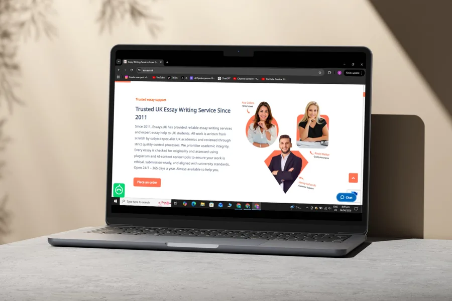 Essays UK trusted essay writing service website on laptop